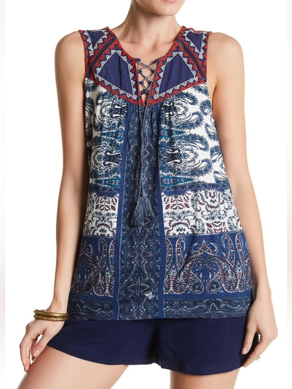 Lucky Brand boho-inspired blue, white & red mixed paisley print tank  Sz Small